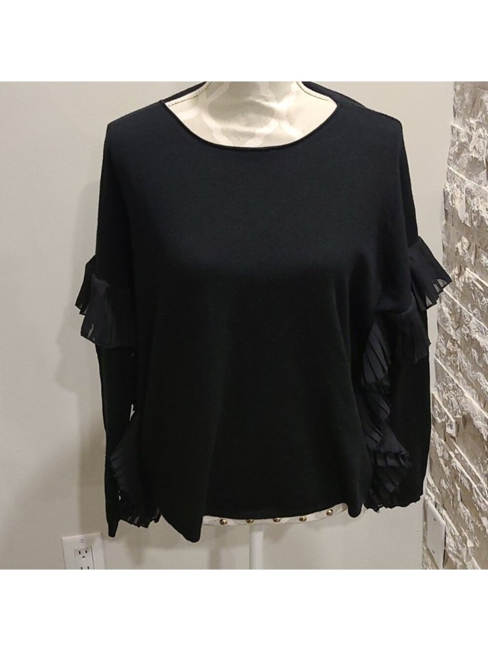 Sandro Ferrone black soft lightweight knit sweater with ruffle detail on sides
